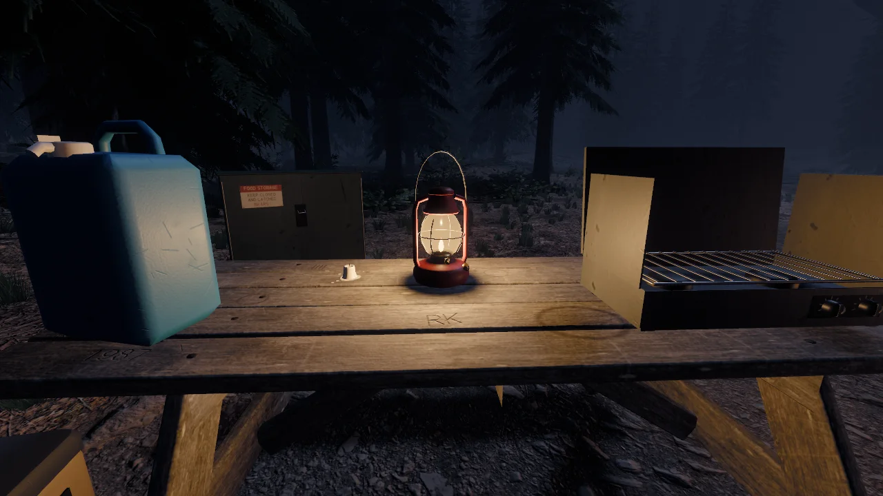 A lit oil lantern on a weathered picnic table at night, beside a water jug and a camp stove; dark pines and fog behind.